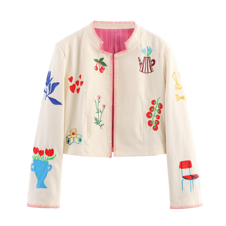 Damen bestickte Kunstlederjacke mit floralem Design Drune