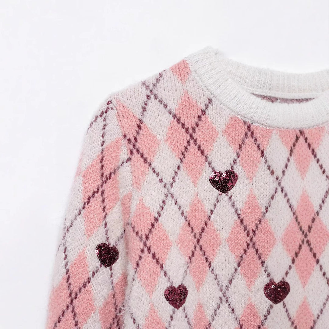 Damen nan verspielter Argyle-Strickpullover mit Paillettenherzen und Rundhalsausschnitt Drune