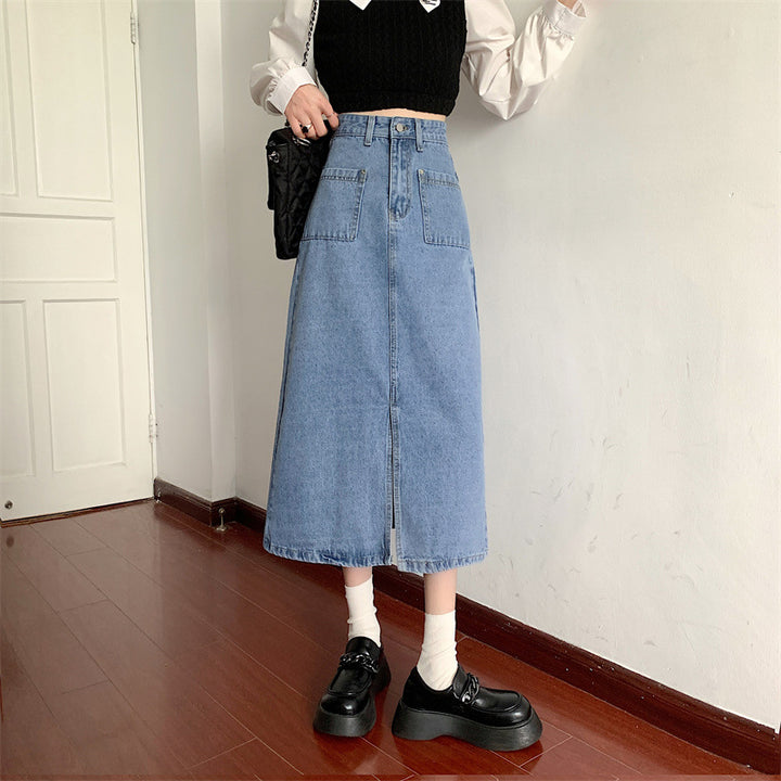 Damen Langer Denim-Rock mit praktischen Taschen Drune