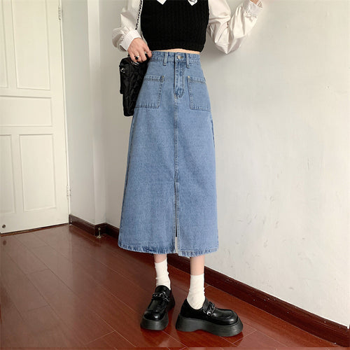 Damen Langer Denim-Rock mit praktischen Taschen Drune
