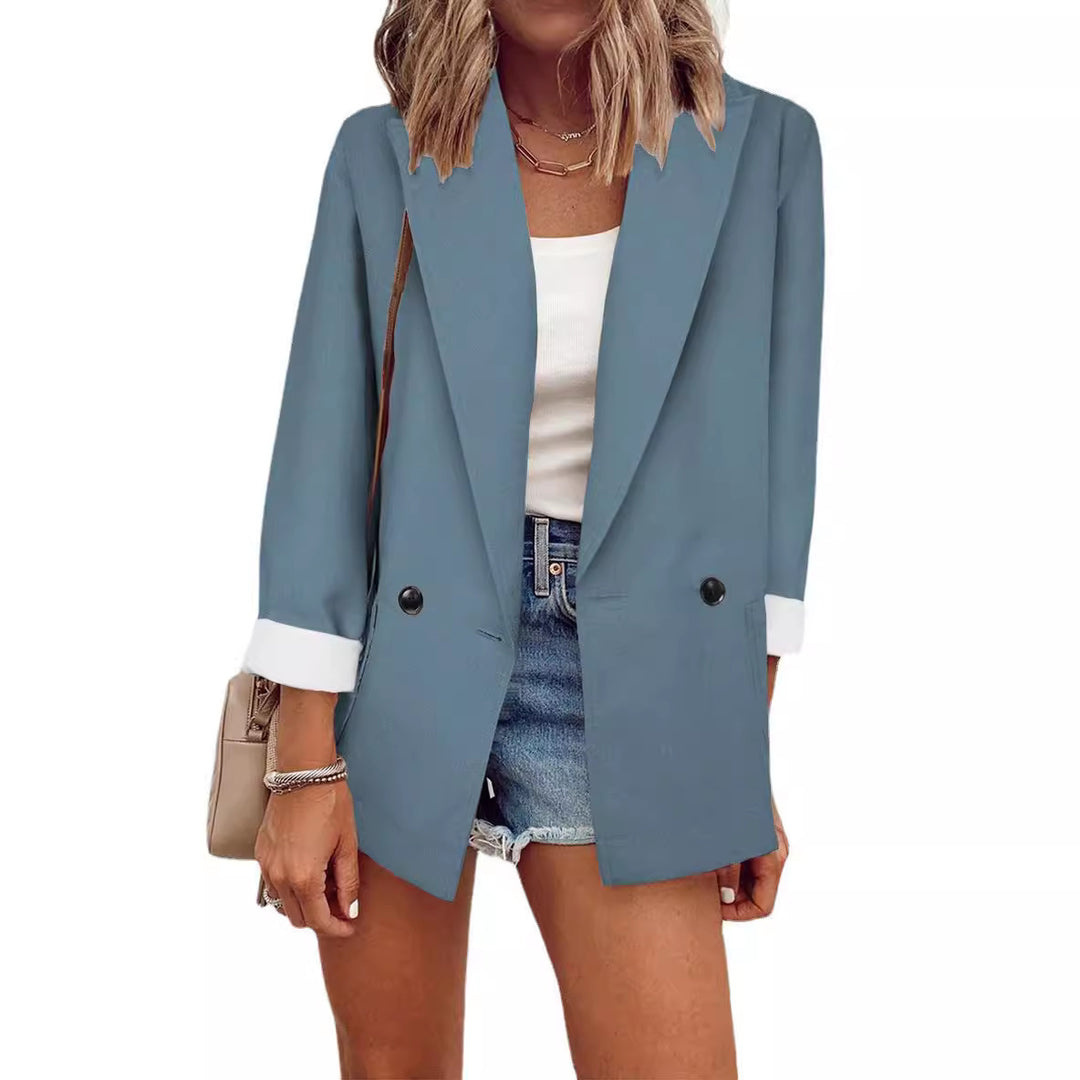 Damen Oversize Longline-Blazer mit 3/4-Ärmeln, Kontrastumschlag und aufgesetzten Taschen Drune