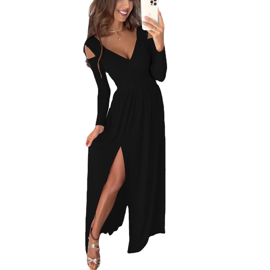 Damen elegantes Maxikleid mit schulterfreier Detailgestaltung und hohem Schlitz Drune