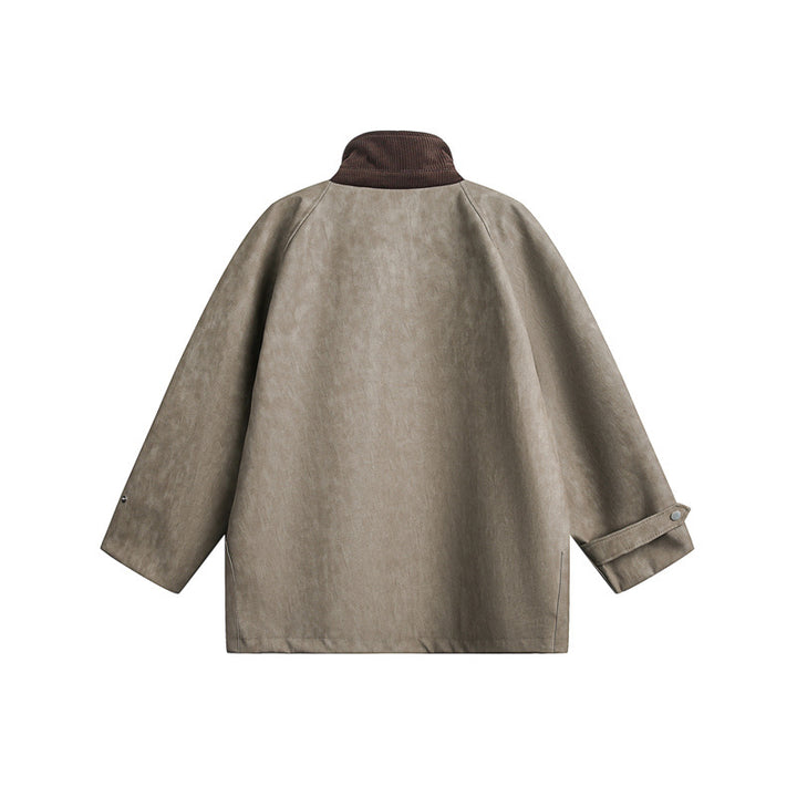 Unisex Kurz geschnittene Boxy Velours-Utility-Jacke mit Stehkragen und Pattentaschen Drune