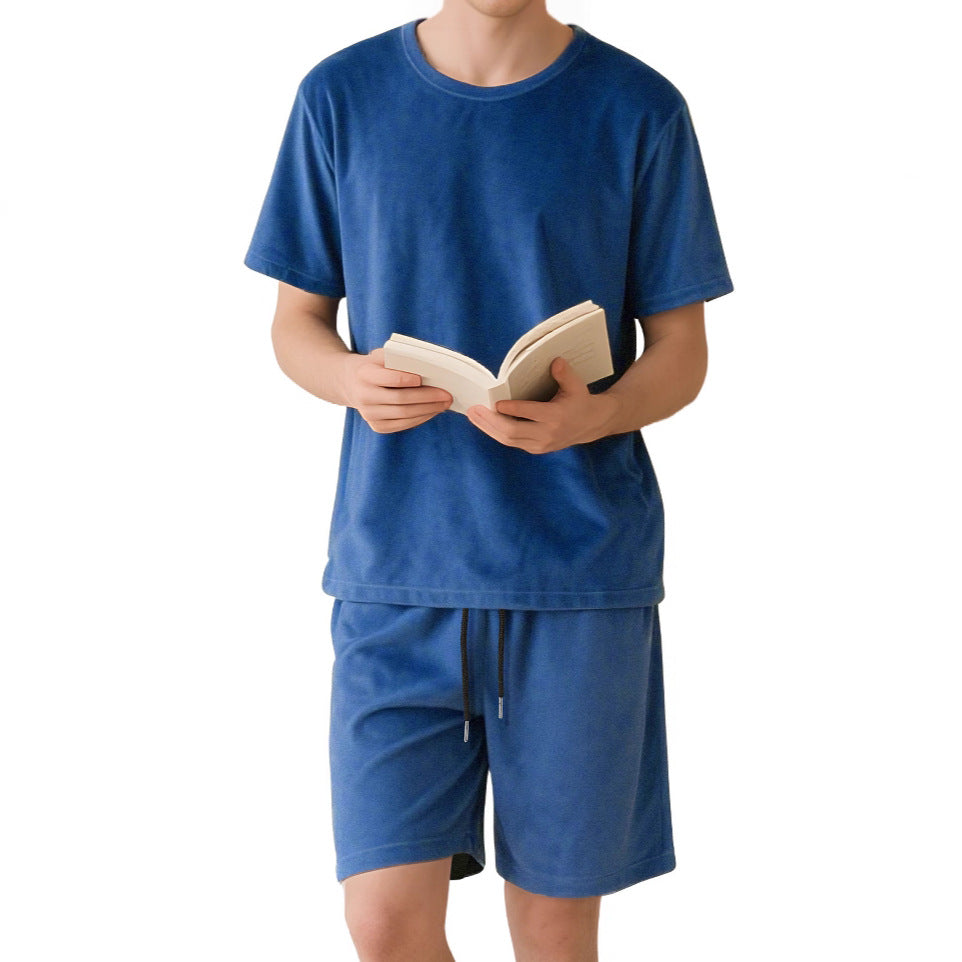 Herren nan Samtvelours Lounge-Set mit Rundhals-Kurzarmshirt und Kordelshorts Drune