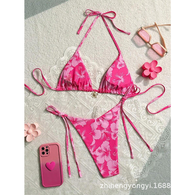 Damen Triangel-Bikini mit floralen Mustern und feinen Bindebändern Drune