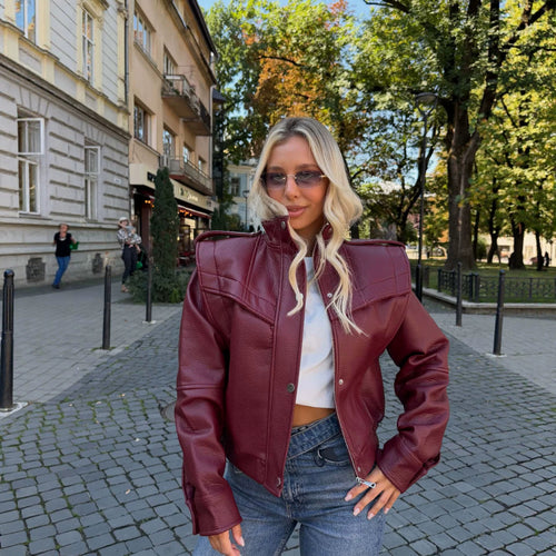 Damen Kurzer Cropped Kunstleder‑Blouson mit wattierter Schulterpartie und Funnelkragen Drune