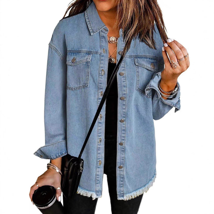 Damen Denim Overshirt mit fransigem Saum und Brusttaschen Drune