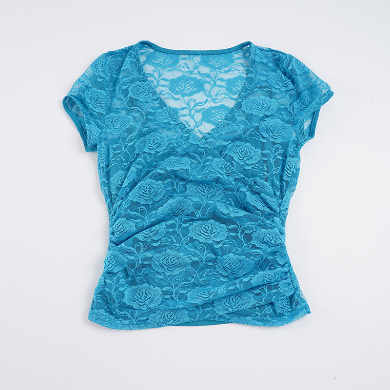 Damen Spitzentop mit floralem Muster und V-Ausschnitt Drune