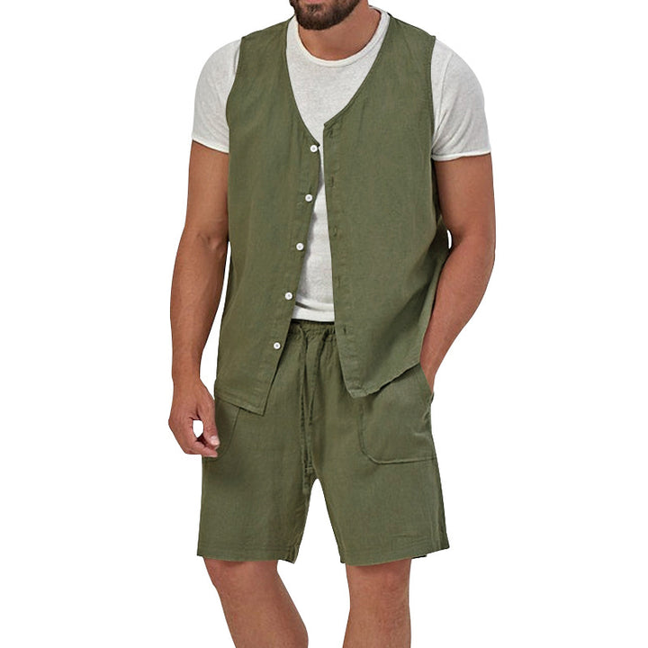 Herren nan zweiteiliges Freizeit-Set mit ärmelloser Knopfweste und weiten Kordelzug-Shorts mit aufgesetzten Taschen Drune