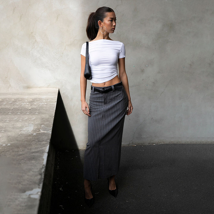 Damen figurbetontes Oberteil mit Off-Shoulder Design und Raffung Drune