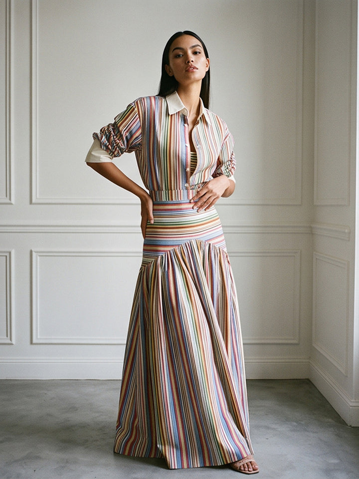 Damen Maxikleid mit Hemdkragen, tailliertem Bund & mehrlagigem Stufenrock Drune