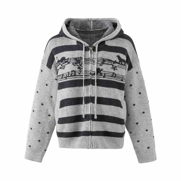Damen Grobstrick Kapuzen‑Zipjacke mit musikalischem Jacquardmuster Drune
