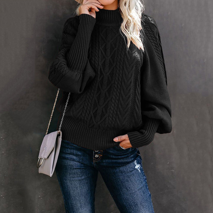 Damen Grobstrick-Pullover mit Zopfmuster, Stehkragen und Ballonärmeln Drune