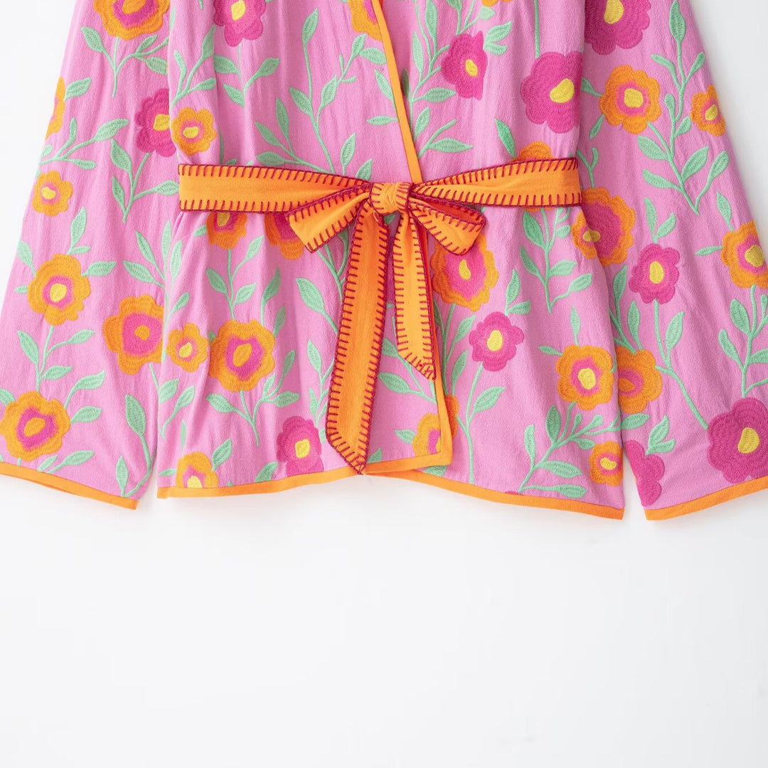 Damen Bestickte Kimono-Jacke mit Taillenbindegürtel und floraler Stickerei Drune