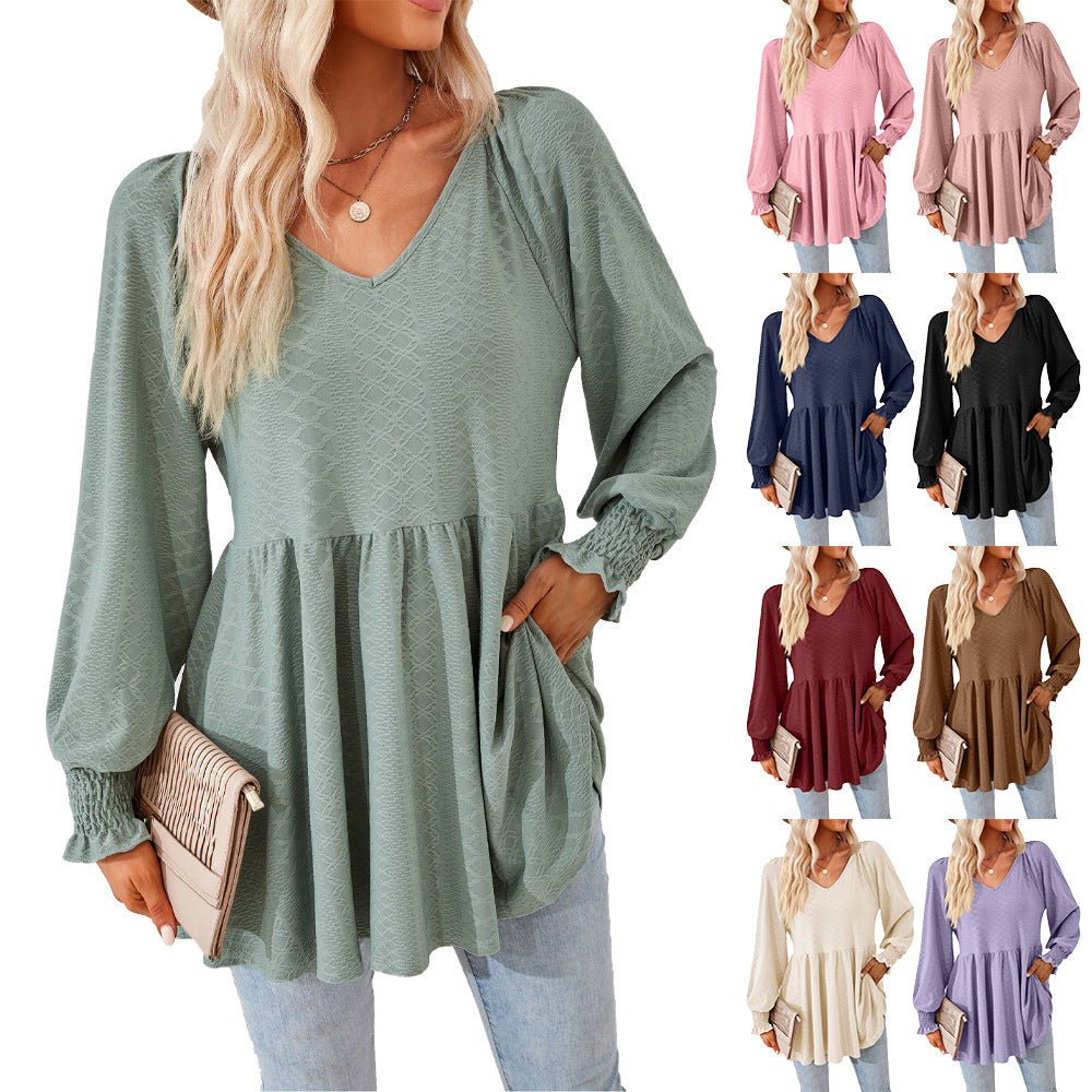 Damen lässiges V-Ausschnitt Blusenshirt mit Rüschen und Taschen Drune