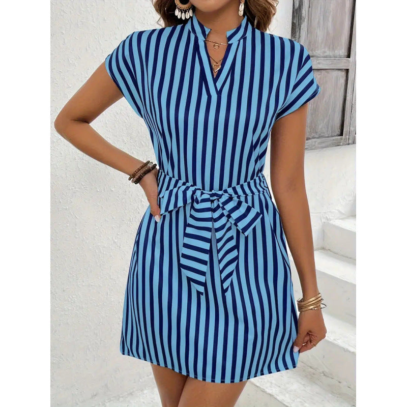 Damen Kurzarmkleid mit Gürtel und Streifenmuster Drune
