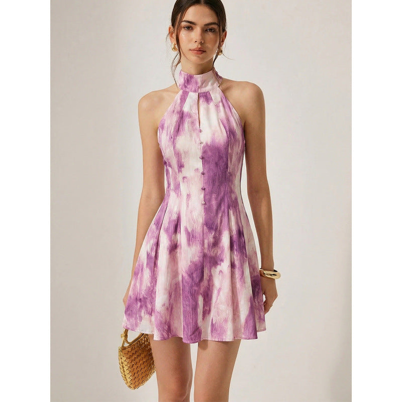 Damen Sommerliches Minikleid mit hochgeschlossenem Kragen und verspieltem Farbverlauf Drune