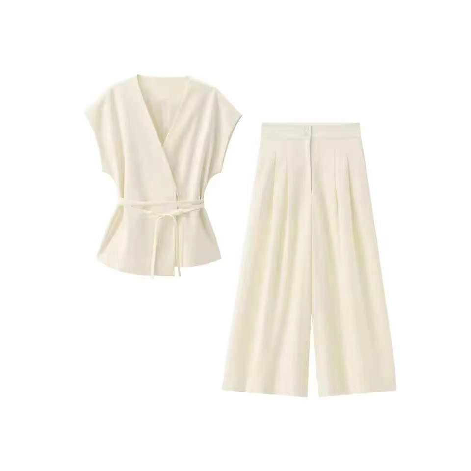 Damen elegantes Wickeloberteil und weite Palazzo-Hose Set Drune