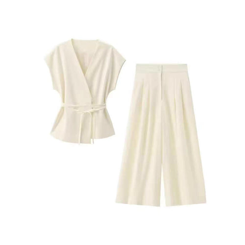 Damen elegantes Wickeloberteil und weite Palazzo-Hose Set Drune