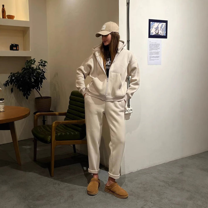 Damen lässiges Fleece-Zweiteiler mit Oversize-Kapuzenjacke und tapered Joggerhose Drune