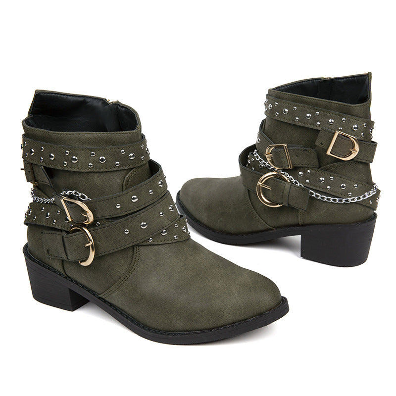 Damen nan knöchelhohe Biker-Stiefelette mit Nietenriemen, Ketten- und Dornschließen-Details Drune