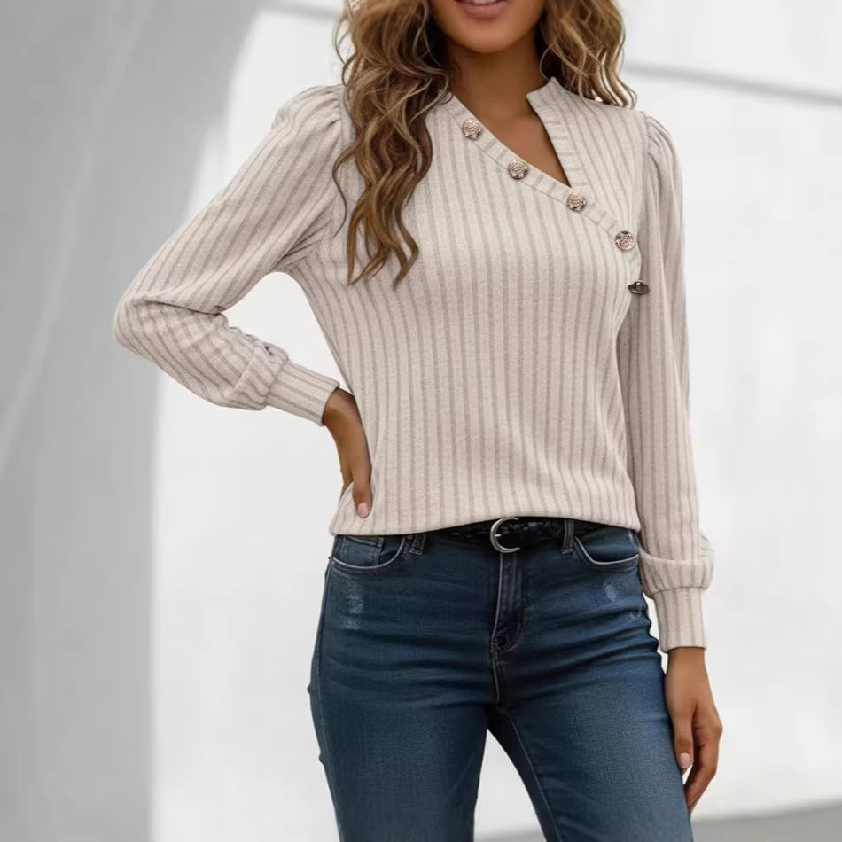 Damen Gerippter Feinstrickpullover mit asymmetrischer Knopfleiste Drune