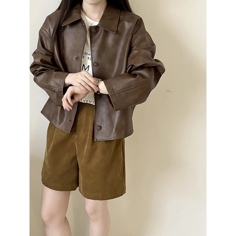 Damen Boxy‑Kunstleder‑Hemdjacke mit verdeckter Knopfleiste und überschnittenen Schultern Drune