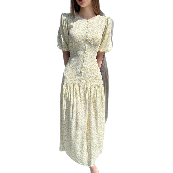 Damen Midikleid mit Puffärmeln, taillierter Silhouette und geknöpftem Mieder Drune