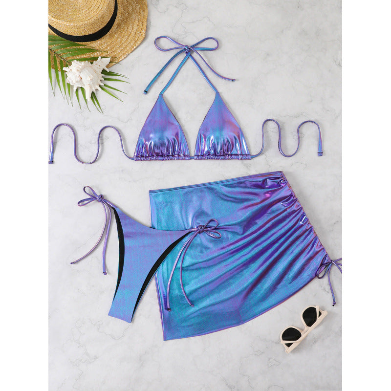 Damen glänzendes Bikini-Set mit verstellbaren Trägern und Wickelrock Drune