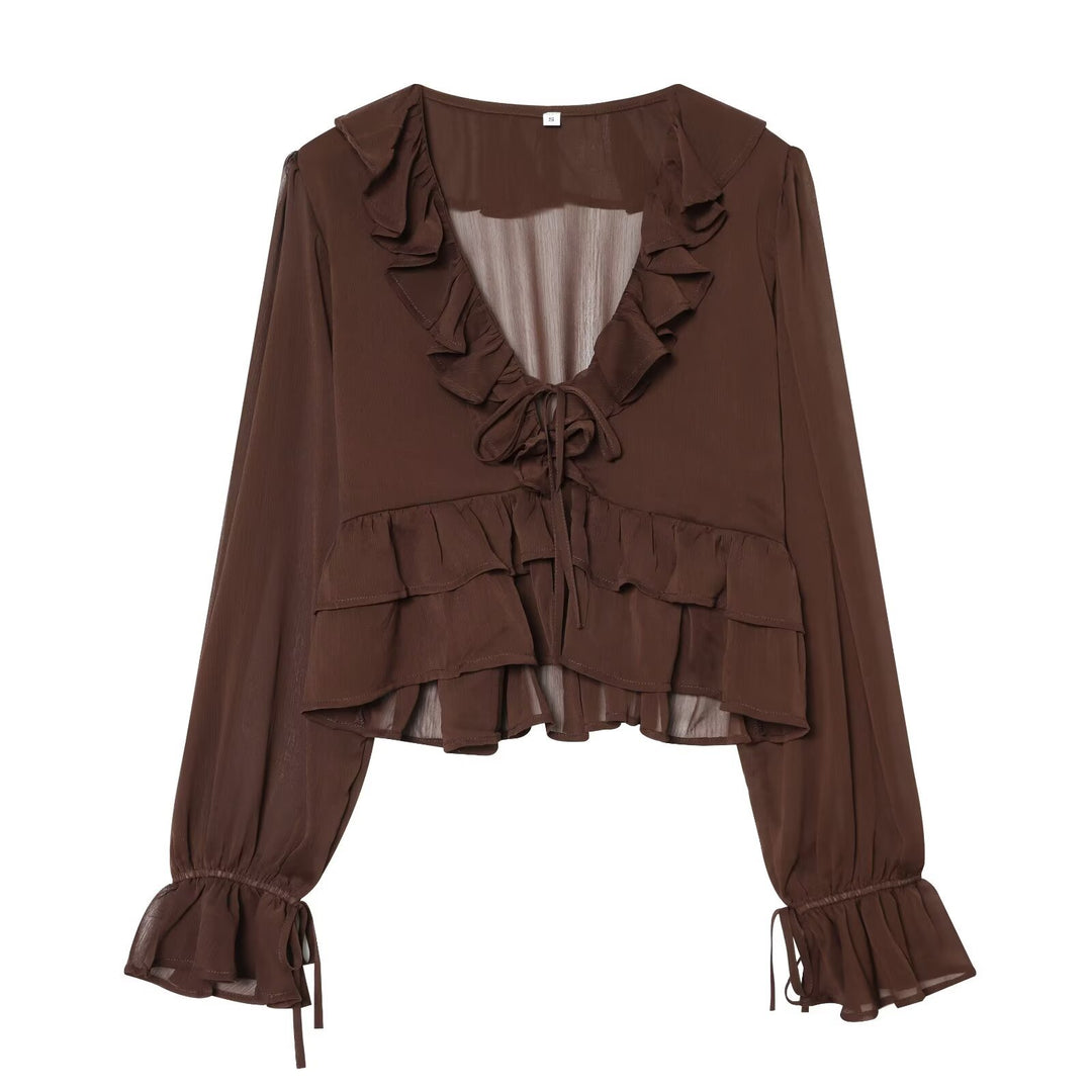 Damen Chiffon-Croppedbluse mit Rüschenvolant, Bindeband und Ballonärmeln Drune