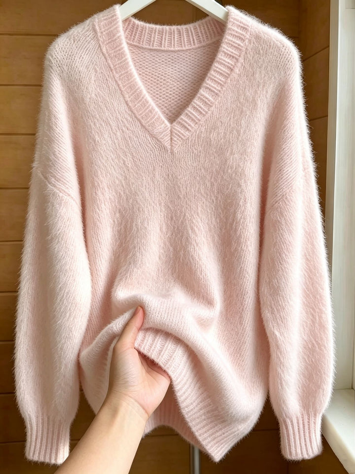 Damen Flauschiger Mohair-Mix Oversize-Pullover mit tiefem V-Kragen Drune