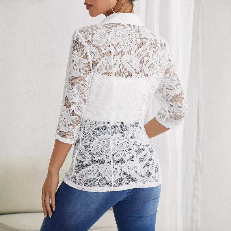 Damen Eleganter Blazer mit transparenten Spitzeinsätzen Drune
