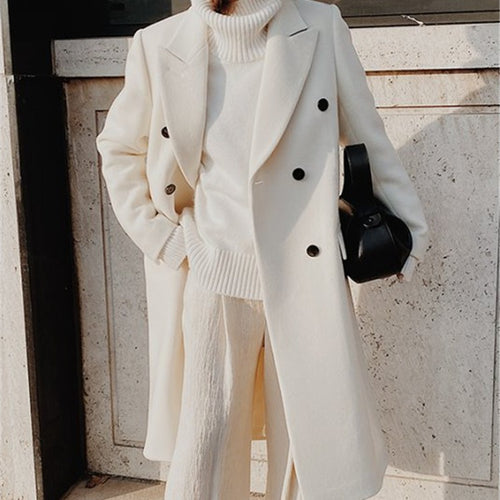 Frauen Doppelreiher Wollmischung Mantel mit oversized Schnitt und breiten Revers Drune