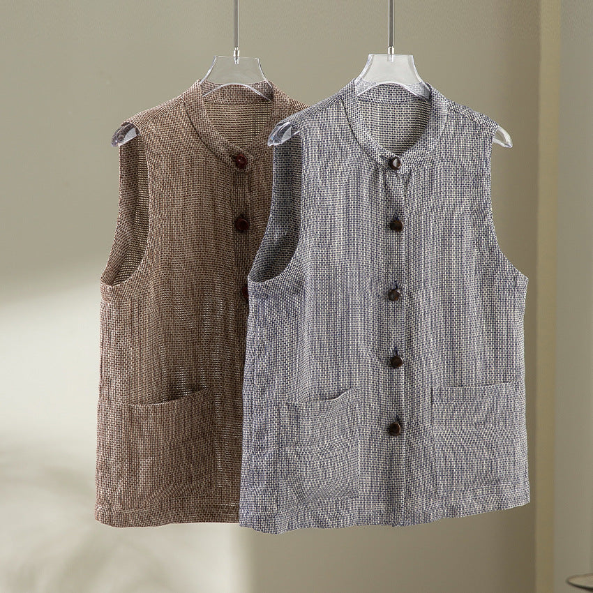 Damen Ärmellose Strickweste mit Stehkragen, Knopfleiste und aufgesetzten Taschen Drune