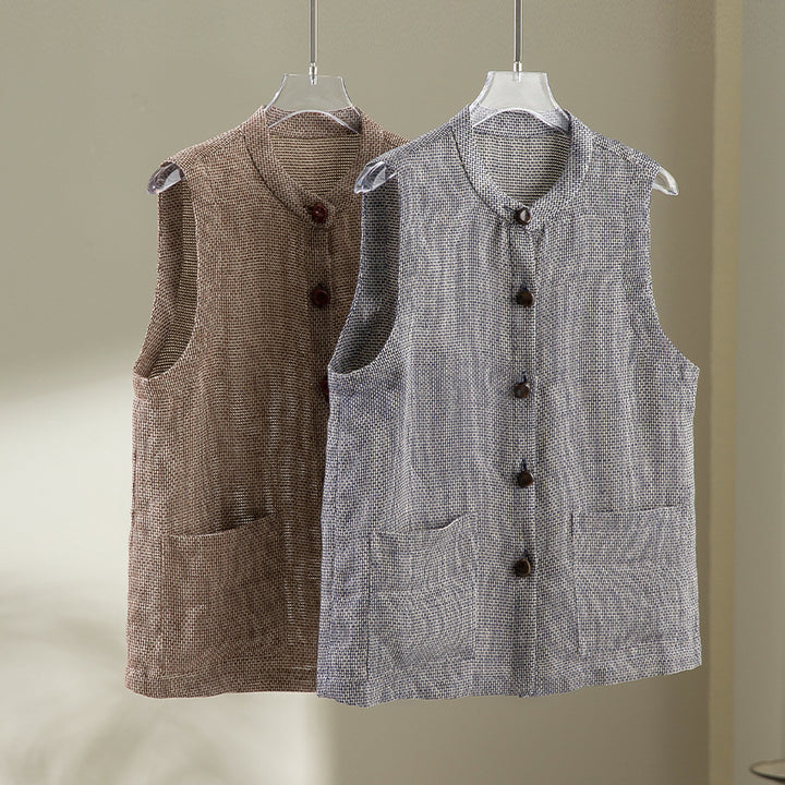 Damen Ärmellose Strickweste mit Stehkragen, Knopfleiste und aufgesetzten Taschen Drune
