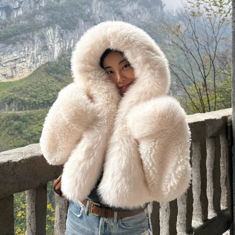 Damen Kunstfelljacke mit luxuriösem Kapuzendesign Drune