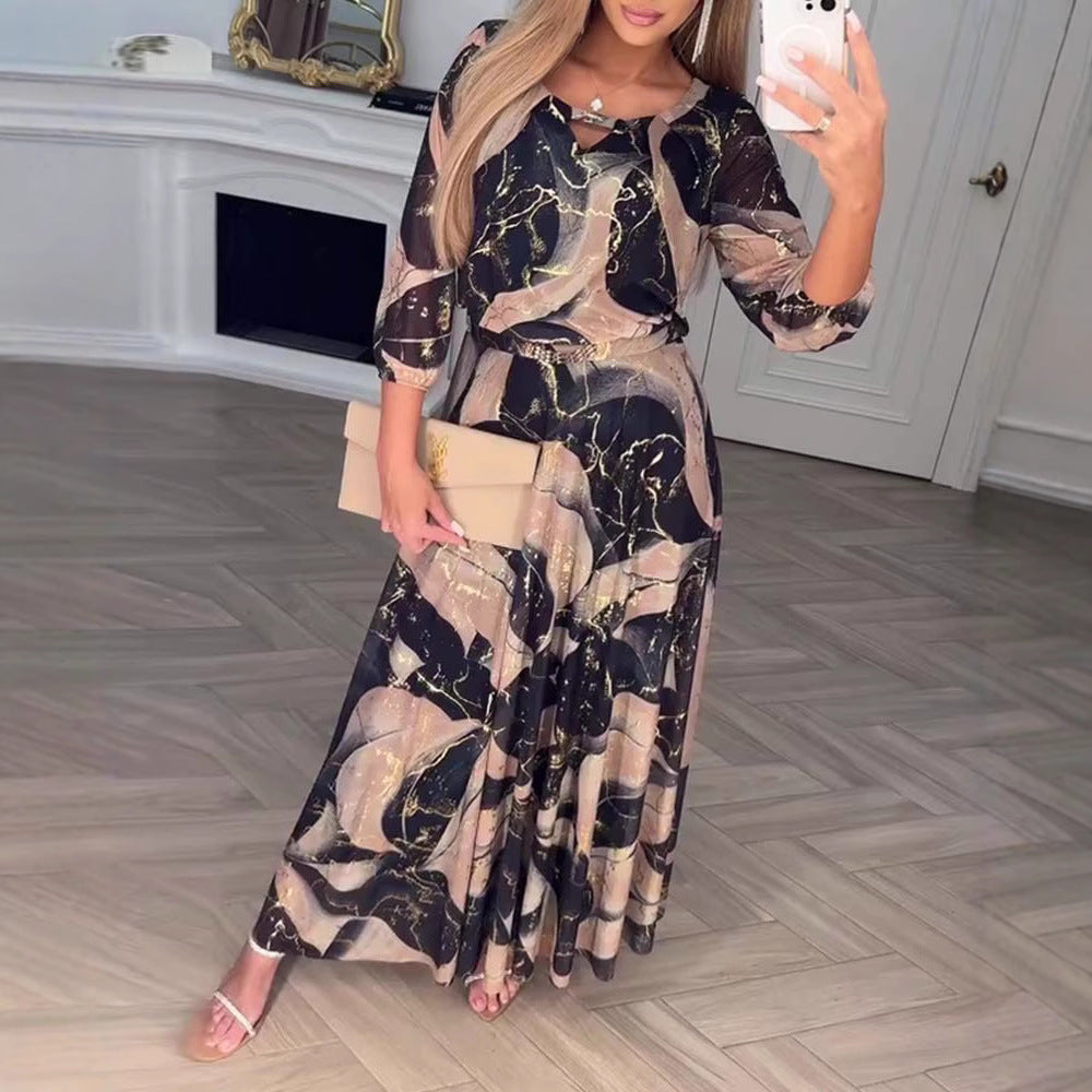 Maxikleid für Damen im fließenden Chiffon-Look mit abstraktem Marmorprint und 3/4-Ärmeln Drune