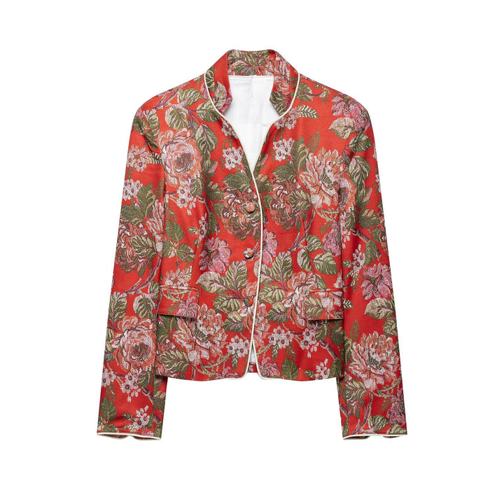 Damen Brokat-Cropped-Blazer mit floraler Jacquardstruktur und Kontrastpaspel Drune