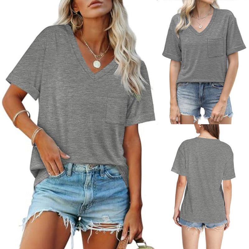 Damen V-Ausschnitt T-Shirt mit Taschen und lässiger Passform Drune