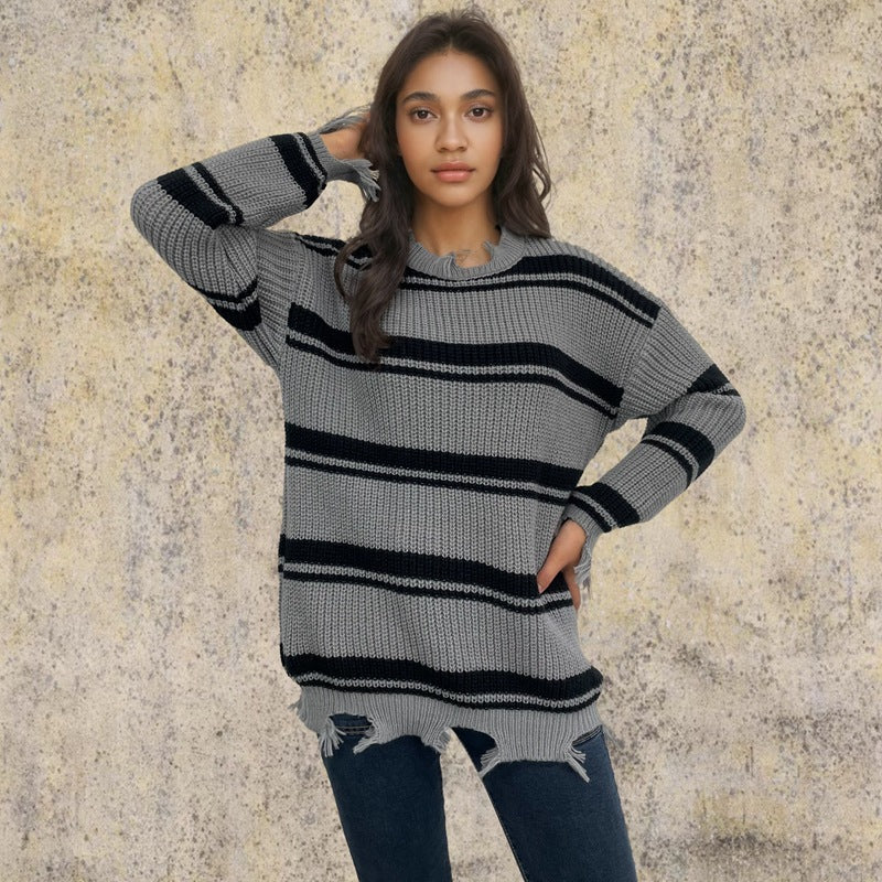 Damen lässiger Streifenpulli mit fransigen Details Drune