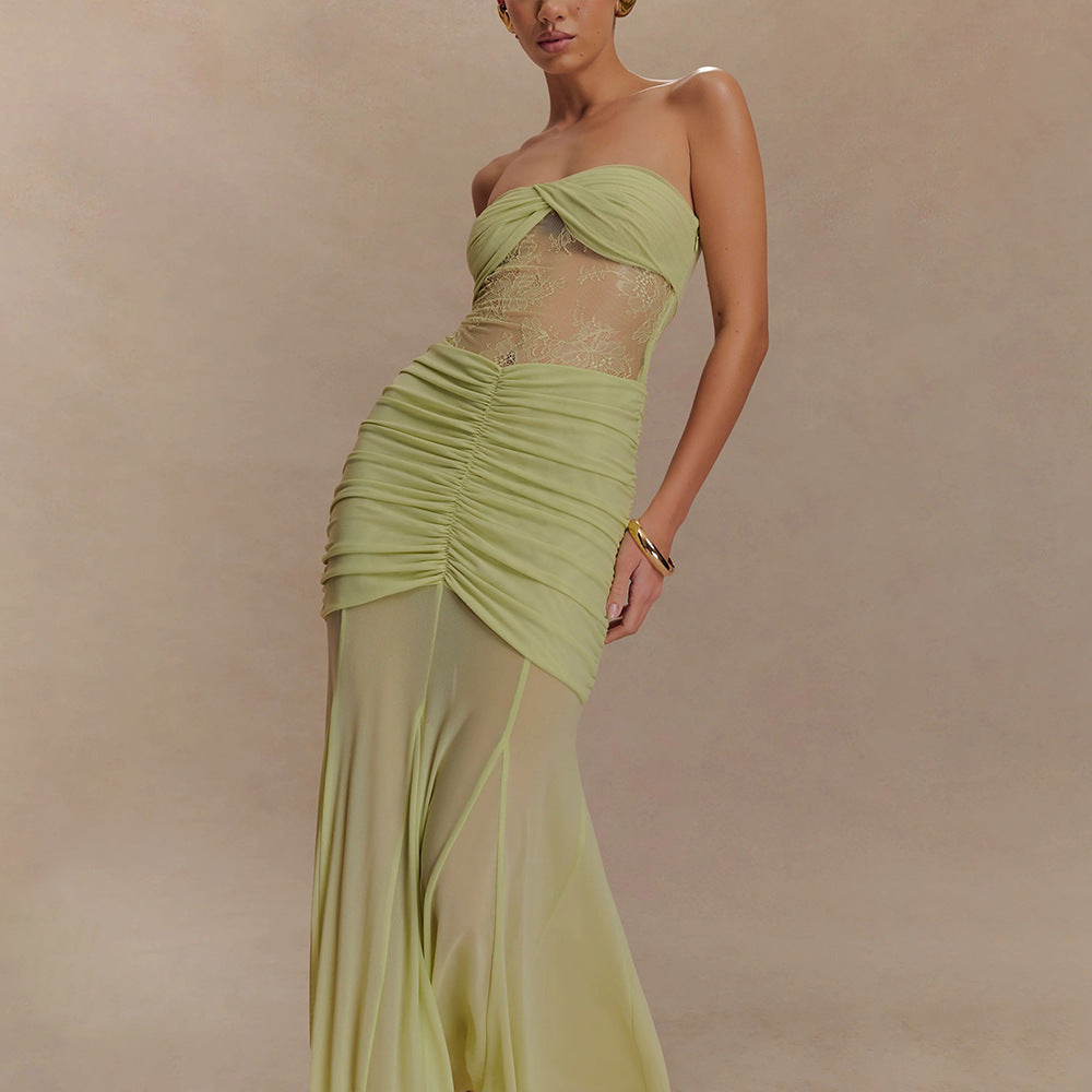 Damen Elegantes Maxikleid mit raffiniertem Spitzen-Einsatz und Raffung Drune