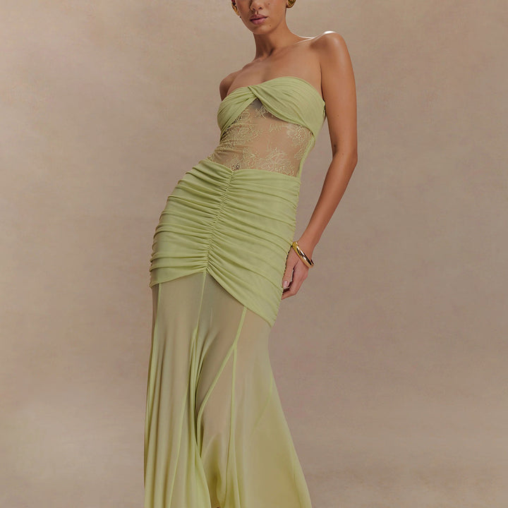 Damen Elegantes Maxikleid mit raffiniertem Spitzen-Einsatz und Raffung Drune