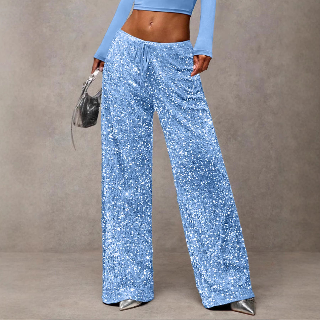 Damen Pailletten-Palazzohose mit hohem Bund und Kordelzug Drune