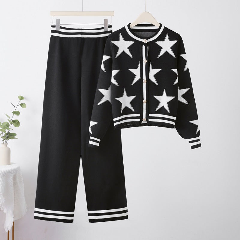 Damen modisches Strick-Loungewear-Set mit Sternenmuster und kontrastierenden Details Drune
