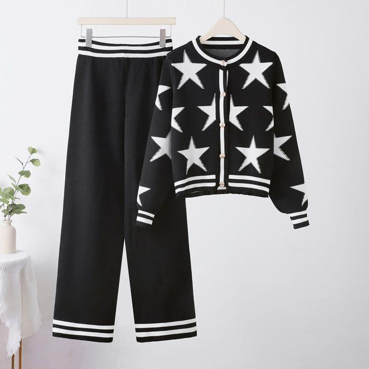 Damen modisches Strick-Loungewear-Set mit Sternenmuster und kontrastierenden Details Drune