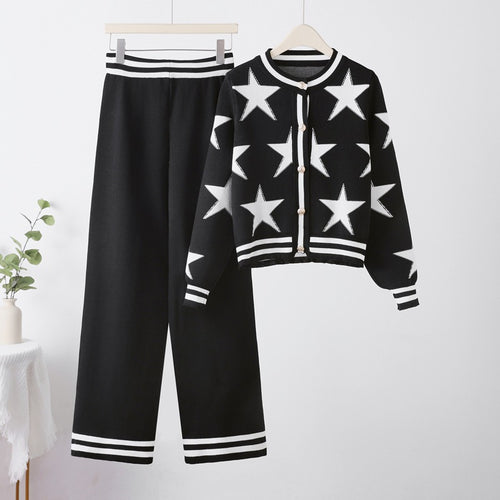 Damen modisches Strick-Loungewear-Set mit Sternenmuster und kontrastierenden Details Drune
