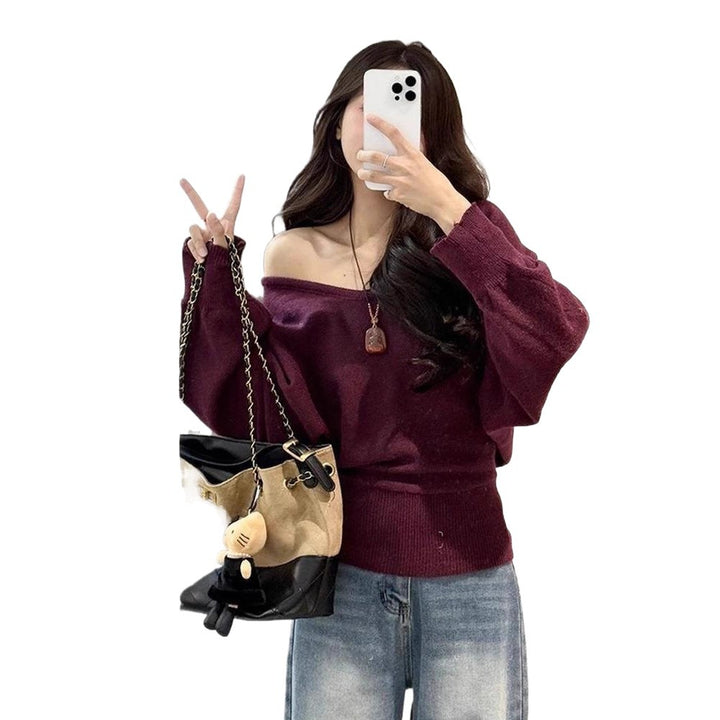 Damen lockerer Pullover mit taillierbarem Gürtel und V-Ausschnitt Drune