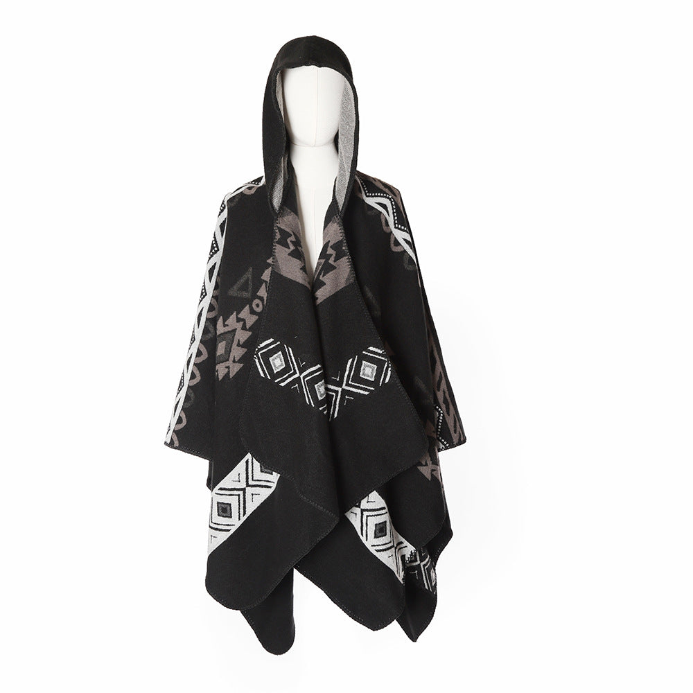 Damen Kapuzenponcho im Jacquardmuster aus Wollmix mit dekorativer Kettelnaht Drune