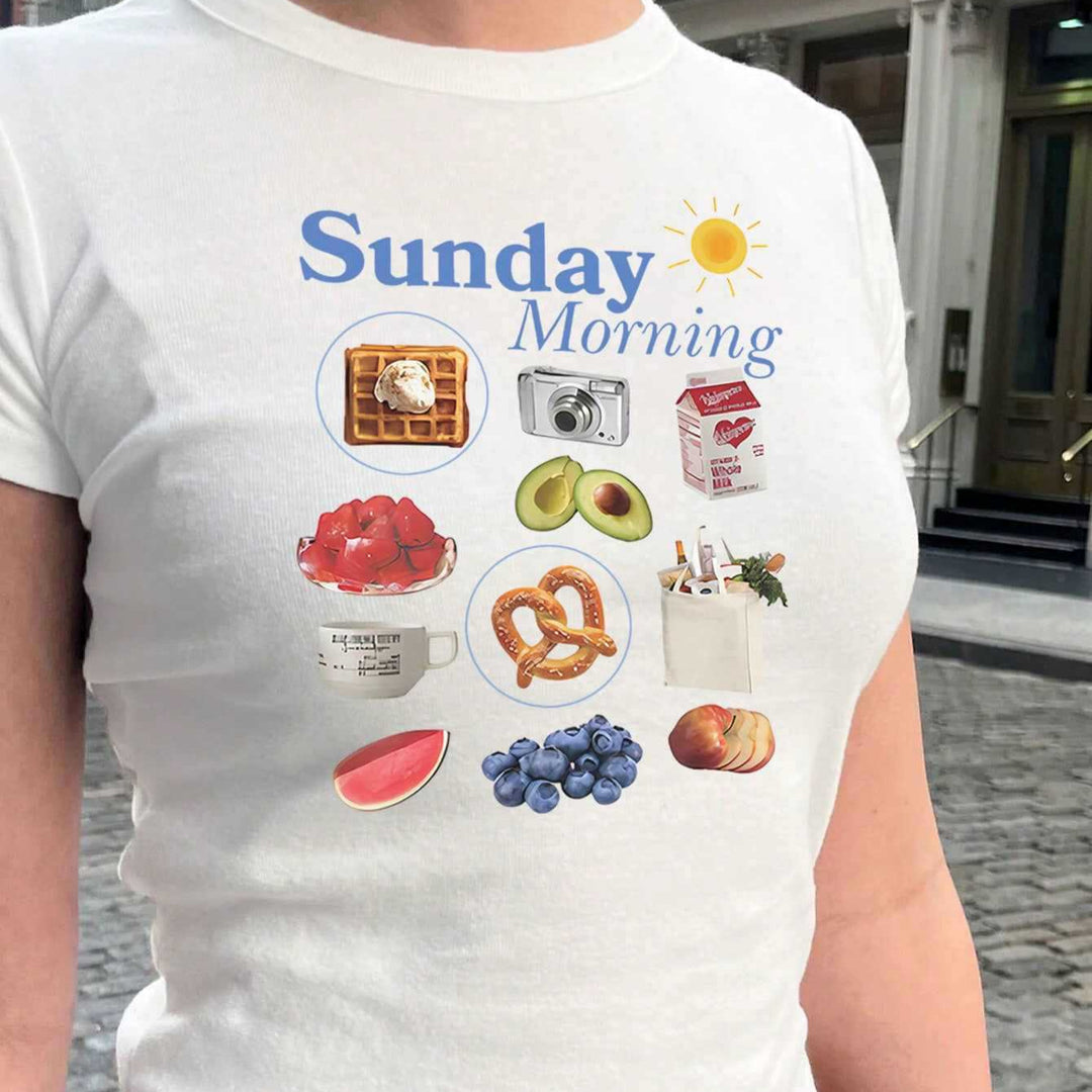 Damen T-Shirt mit kreativem Frühstücksmotiv und modernem Schriftzug Drune