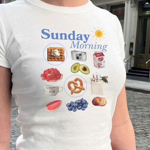 Damen T-Shirt mit kreativem Frühstücksmotiv und modernem Schriftzug Drune